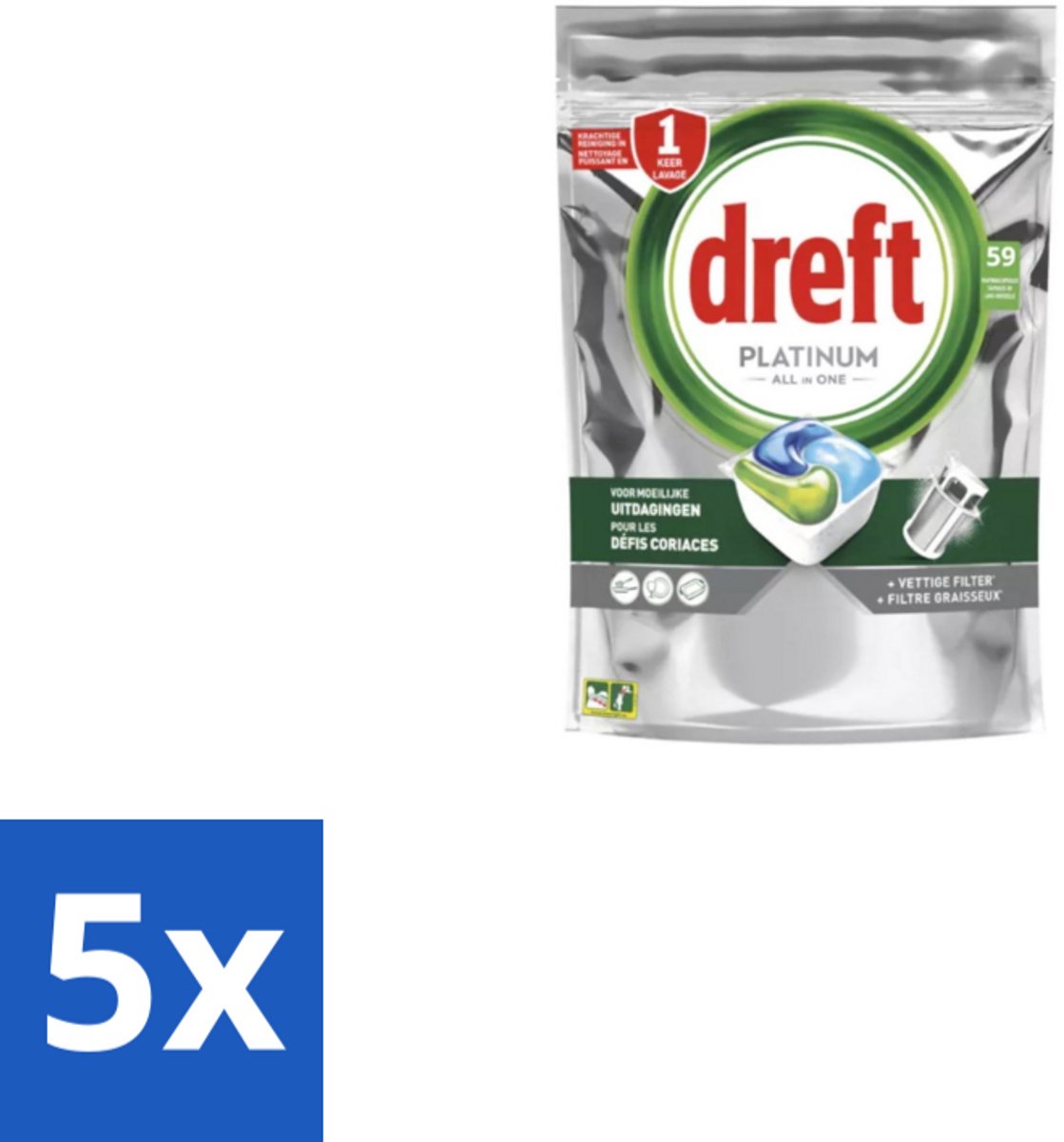 5 x Dreft - Vaatwastabletten - Platinum All-in-One Original - 59 Tabletten - Vaatwastabletten - Vaatwasser - Reiniging - Ontvetting - Zout (8721418726376)