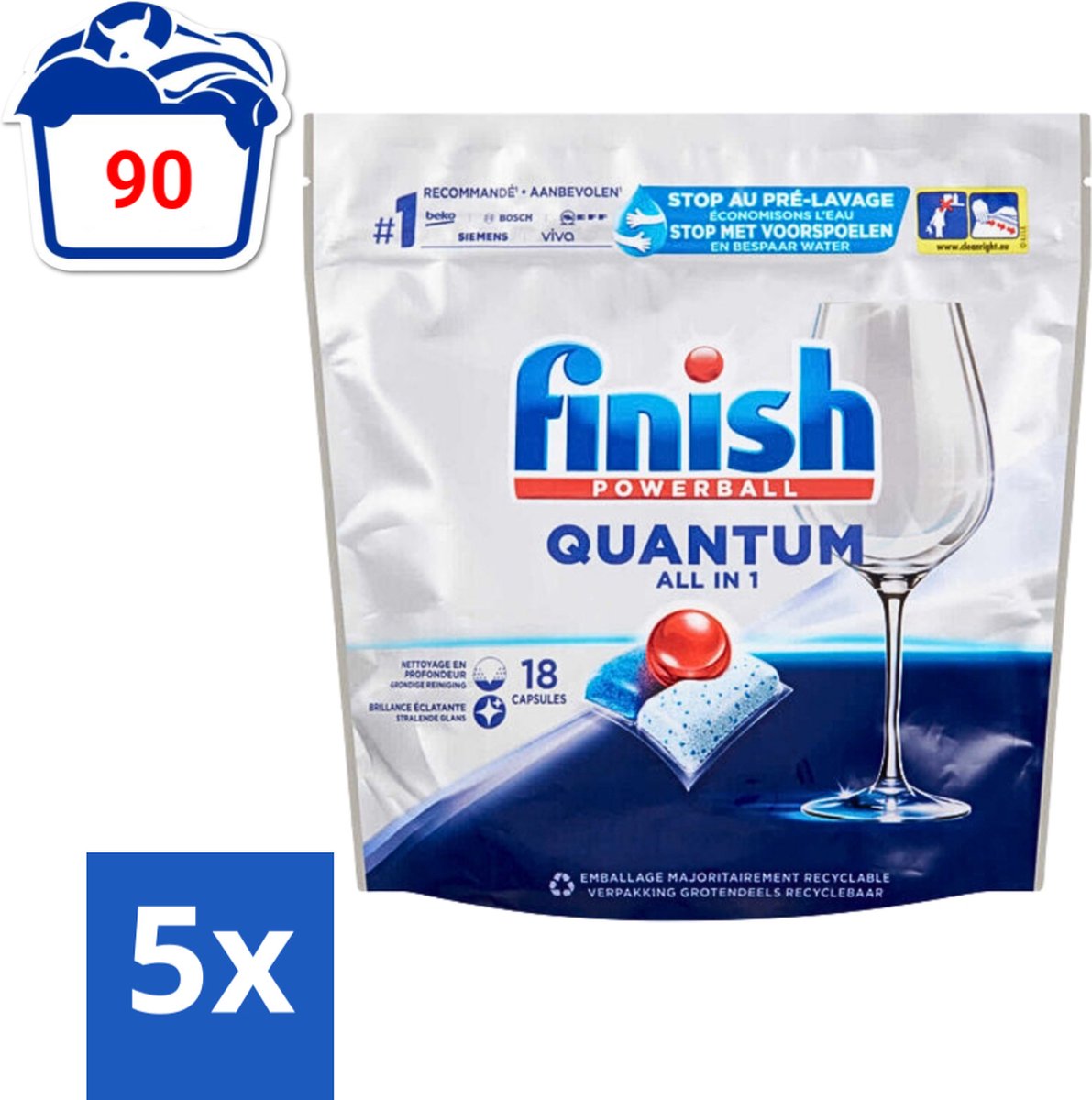 5 x Finish Powerball - Quantum All in 1 - Vaatwastabletten - Stralende Glans - 18 Tabletten - Vaatwasmiddel - Vaatwastablet - Vaatwasmiddel Voor Glaswerk - Vaatwasmiddel Met Glans - Vaatwasmiddel Zonder Voorwas (8721418076303)