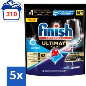 5 x Finish Powerball - Ultimate All in One - Vaatwastabletten - Met Bicarbonaat - 62 Capsules - Vaatwasmiddel - Vaatwascapsules - Glans - Reiniging - Vlekken Verwijderen (8721418076396)