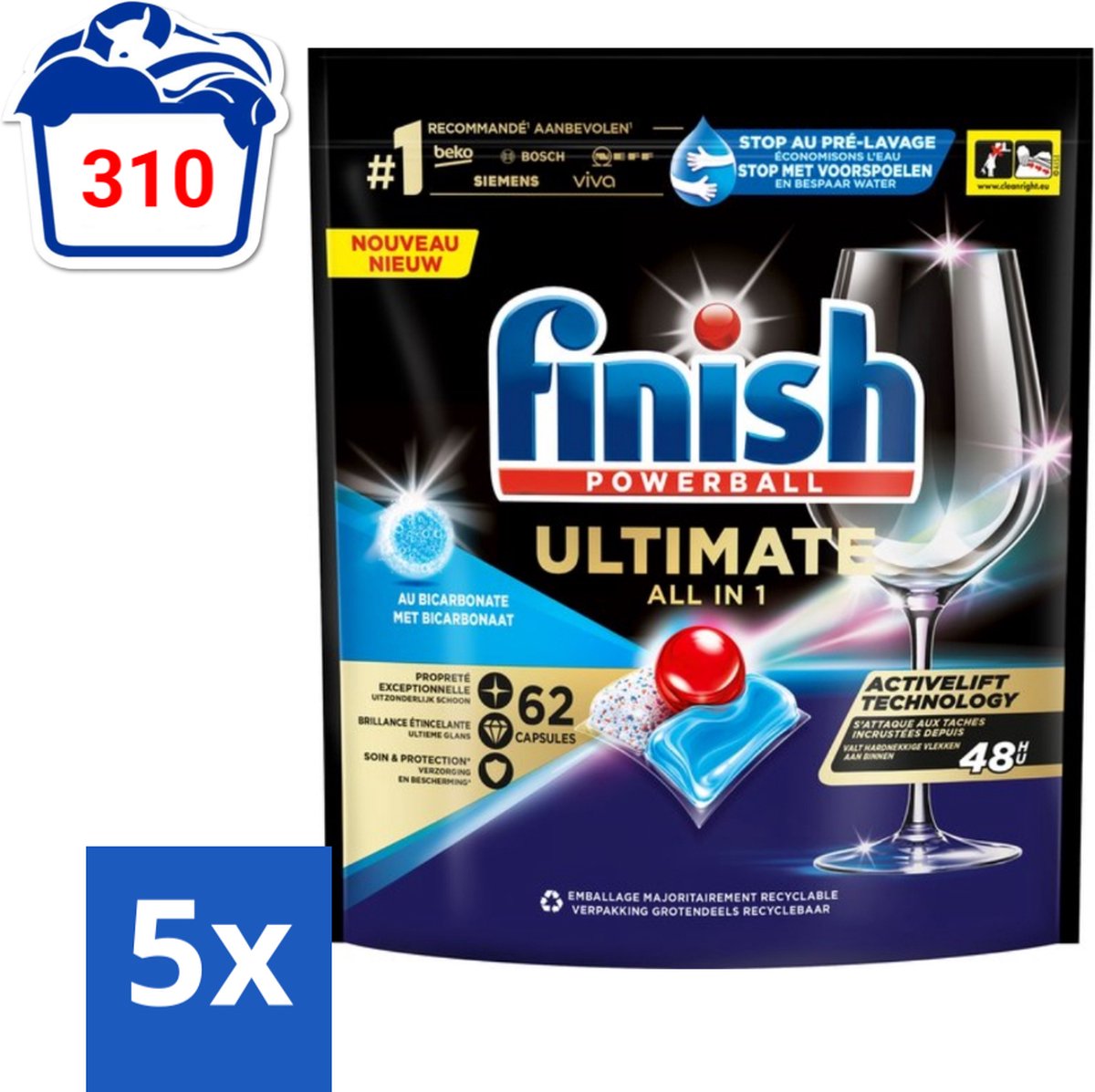 5 x Finish Powerball - Ultimate All in One - Vaatwastabletten - Met Bicarbonaat - 62 Capsules - Vaatwasmiddel - Vaatwascapsules - Glans - Reiniging - Vlekken Verwijderen (8721418076396)