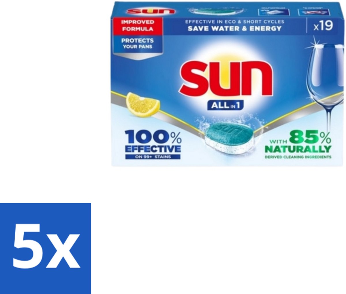5 x Sun - Vaatwastabletten - All-in-1 Citroen - 19 tabletten - Vaatwastabletten - Citroen - Reiniging - Schone Vaat - Glans (8721418728219)