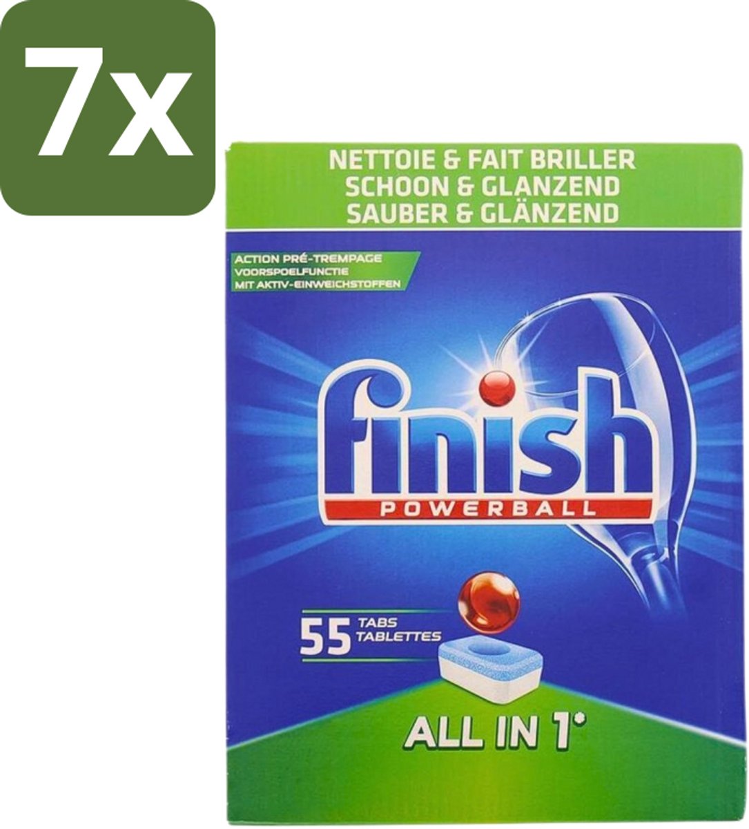 7 x Finish Powerball - All in 1 - Vaatwastabletten - Schoon & Glans - 55 Tabletten - Vaatwasmiddel - Vaatwastablet - Vaat Reinigen - Glans Behouden - Vaat Reinigen Zonder Voor Spoelen (8721418829701)