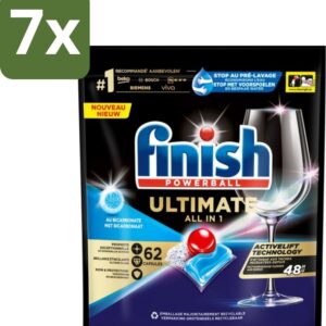 7 x Finish Powerball - Ultimate All in One - Vaatwastabletten - Met Bicarbonaat - 62 Capsules - Vaatwasmiddel - Vaatwascapsules - Glans - Reiniging - Vlekken Verwijderen (8721418829602)