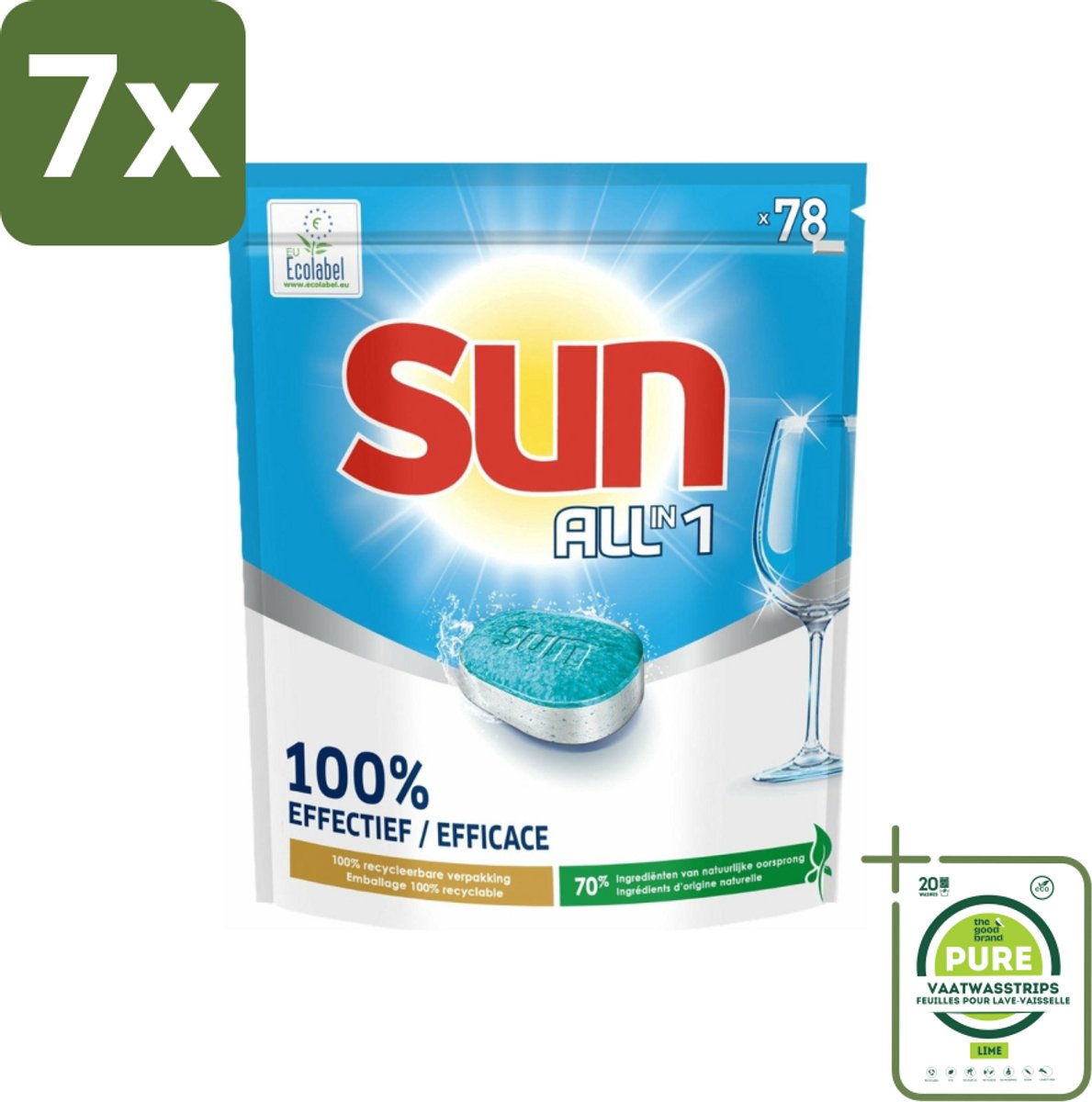 7 x Sun All-in-1 - Eco Label - Vaatwastabletten - 78 Tabletten - Grootverpakking - Vaatwastabletten - Vaatwasser - Ecolabel - Milieuvriendelijk - Vaatreiniger (8017551546040)