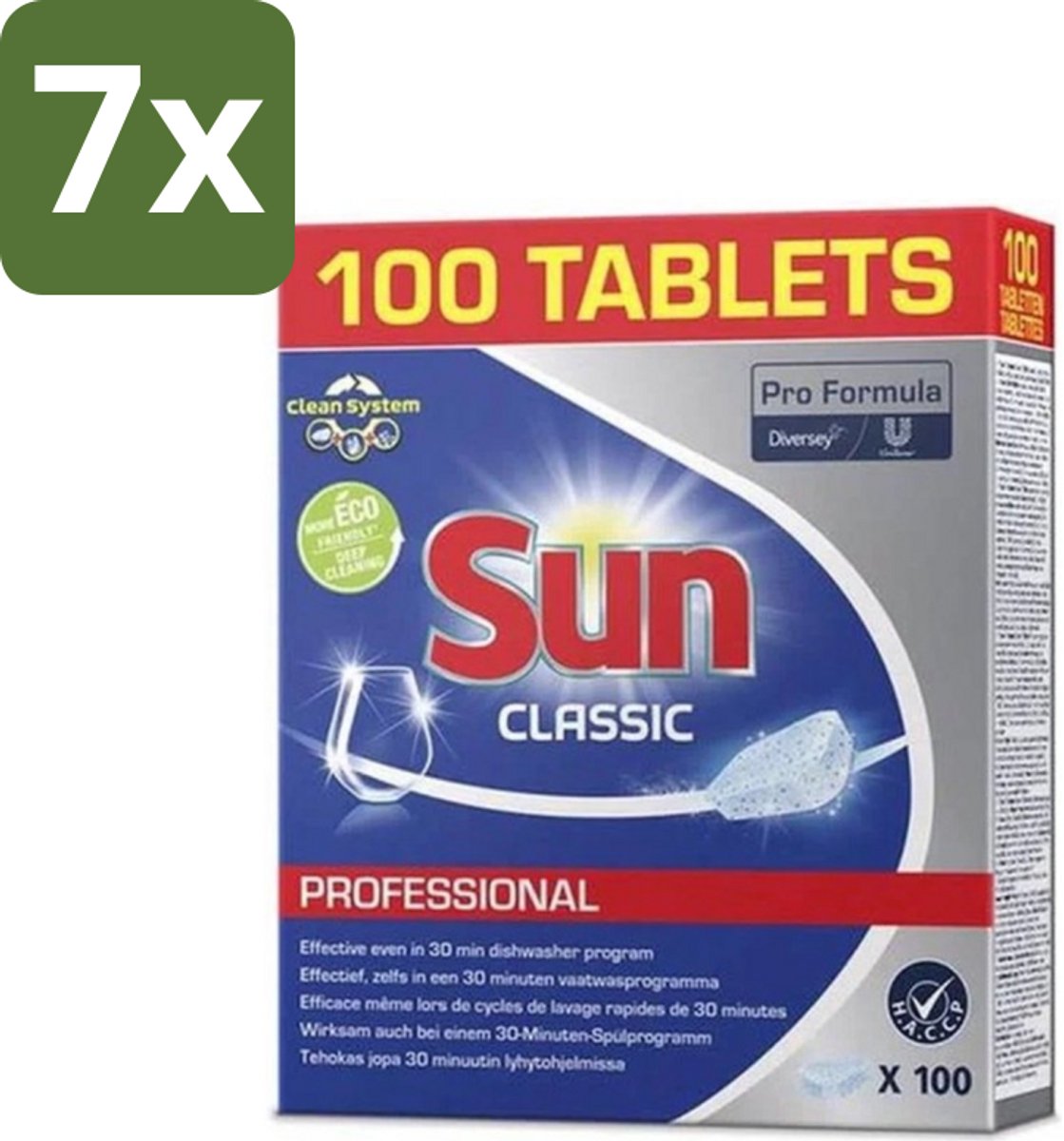 7 x Sun Classic - Pro Formula - Vaatwastabletten - 100 Tabletten - Vaatwastabletten - Vaatwasser - Reiniging - Vlekken Verwijderen - Kalkaanslag (8721418833128)