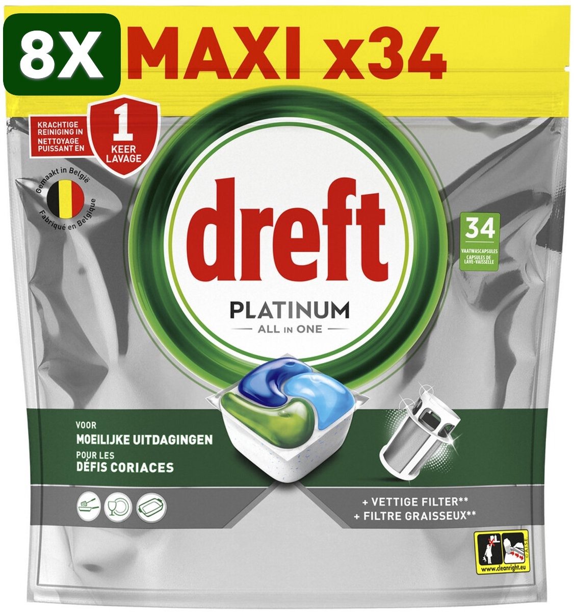 8 x Dreft Vaatwastabletten Platinum All In One Original - 34 stuks (9506951323294)