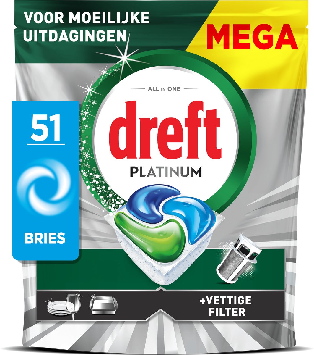 Dreft Platinum Vaatwastabletten - Krachtig Zelfs Bij Moeilijke Uitdagingen - Reinigt Vette Filters - 51 stuks (8006530167406)