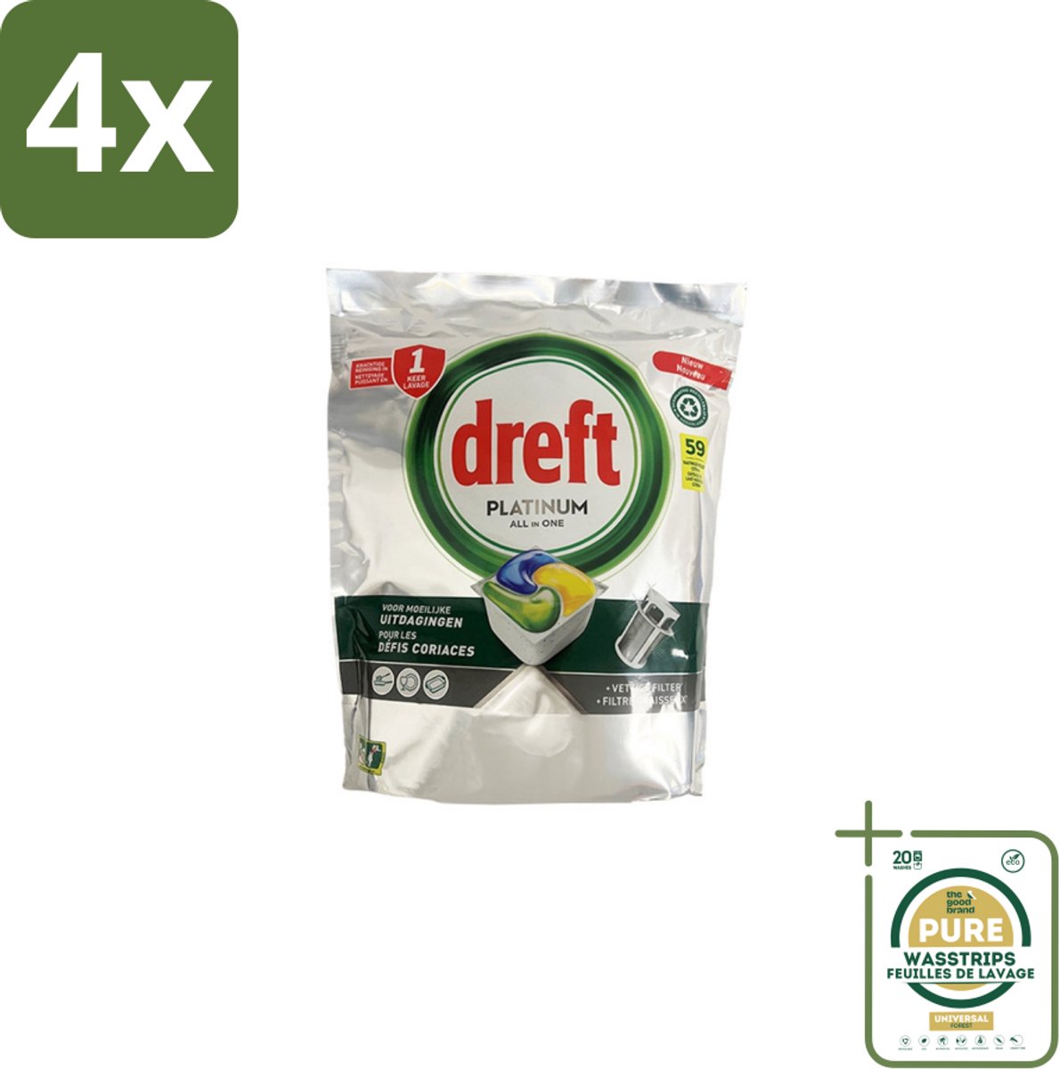 Dreft - Vaatwastabletten - All-in-One Platinum - Lemon - 59 Tabletten - Voordeelverpakking - 4 stuks - Vetverwijderen - Glasbescherming (8155361679227)