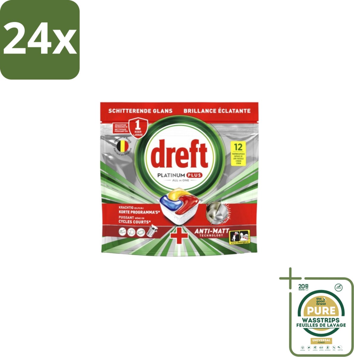 Dreft - Vaatwastabletten - Platinum Plus All-in-One - Lemon - 12 Tabletten - Voordeelverpakking - 24 stuks - Anti-dofheid - Vaatwasmiddelen lemon (8155361709900)