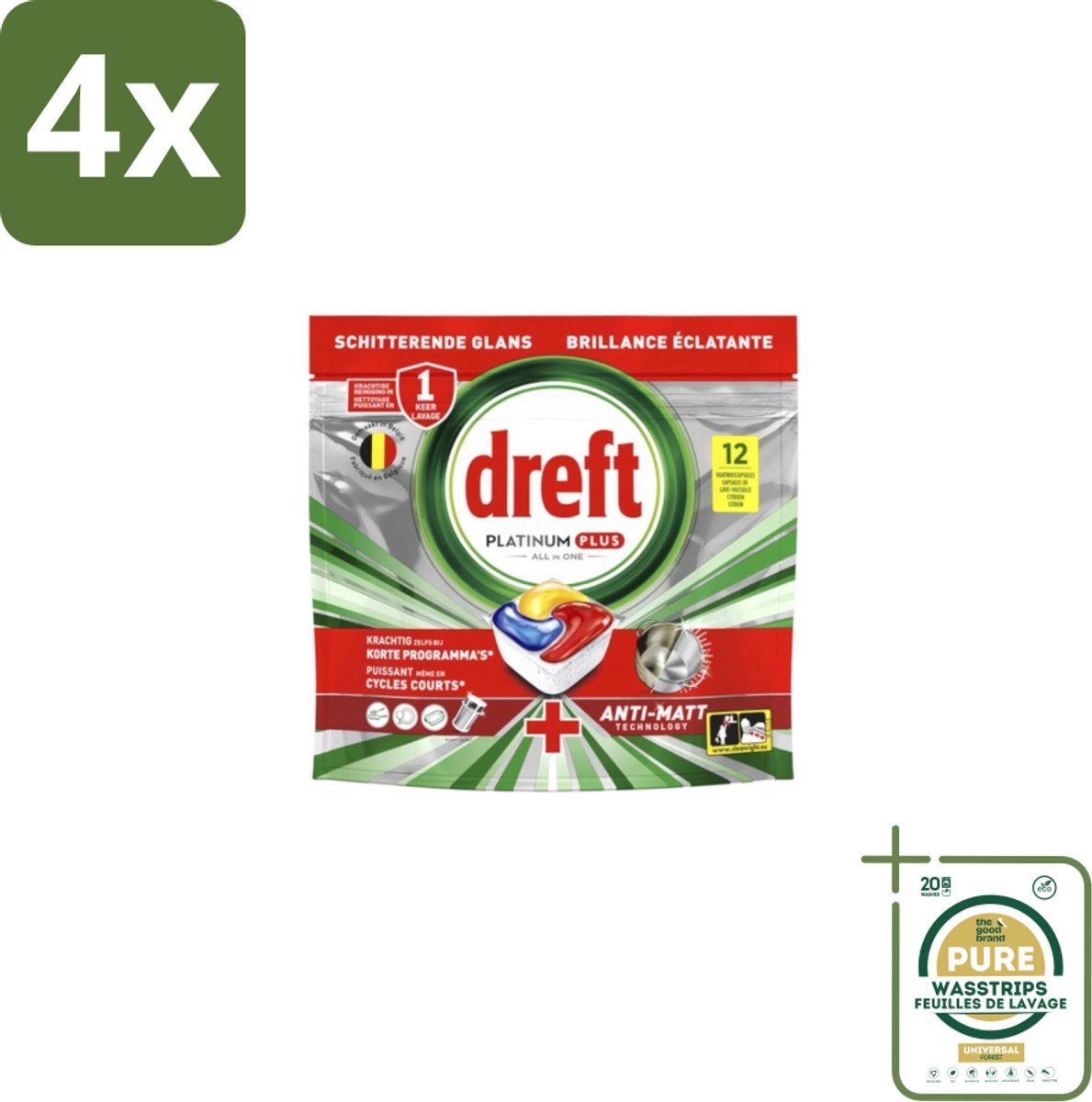 Dreft - Vaatwastabletten - Platinum Plus All-in-One - Lemon - 12 Tabletten - Voordeelverpakking - 4 stuks - Anti-dofheid - Vaatwasmiddelen lemon (8155361679289)