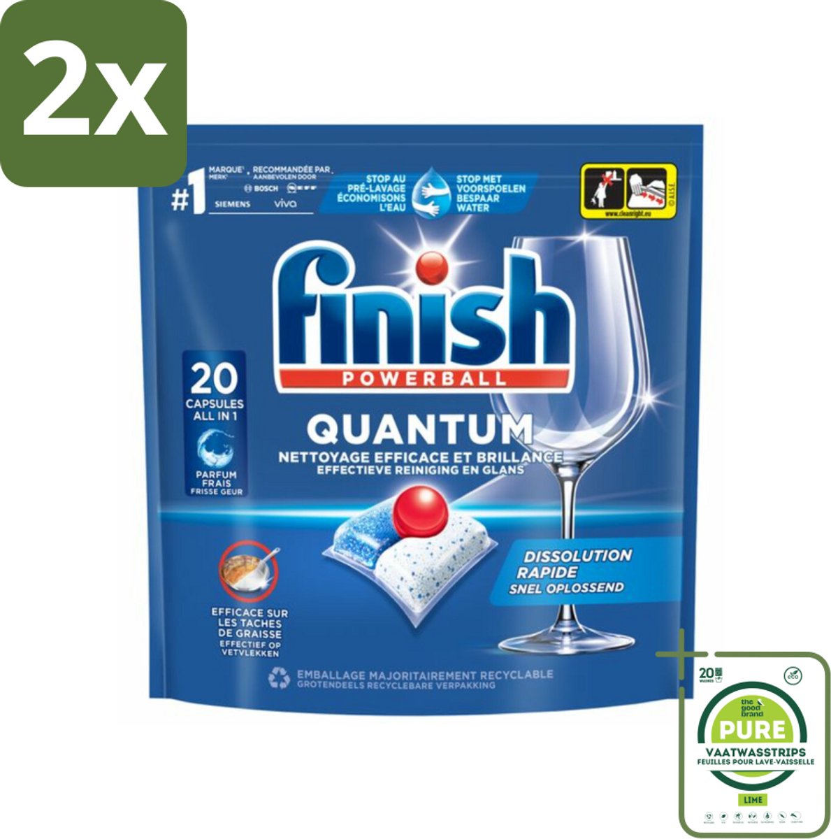 Finish - Vaatwasmiddel - Quantum Vaatwastabletten Regular - Diepe Reiniging - 20 capsules - Voordeelverpakking - 2 stuks - Vaatwastabletten - Diepe reiniging (8052593805571)