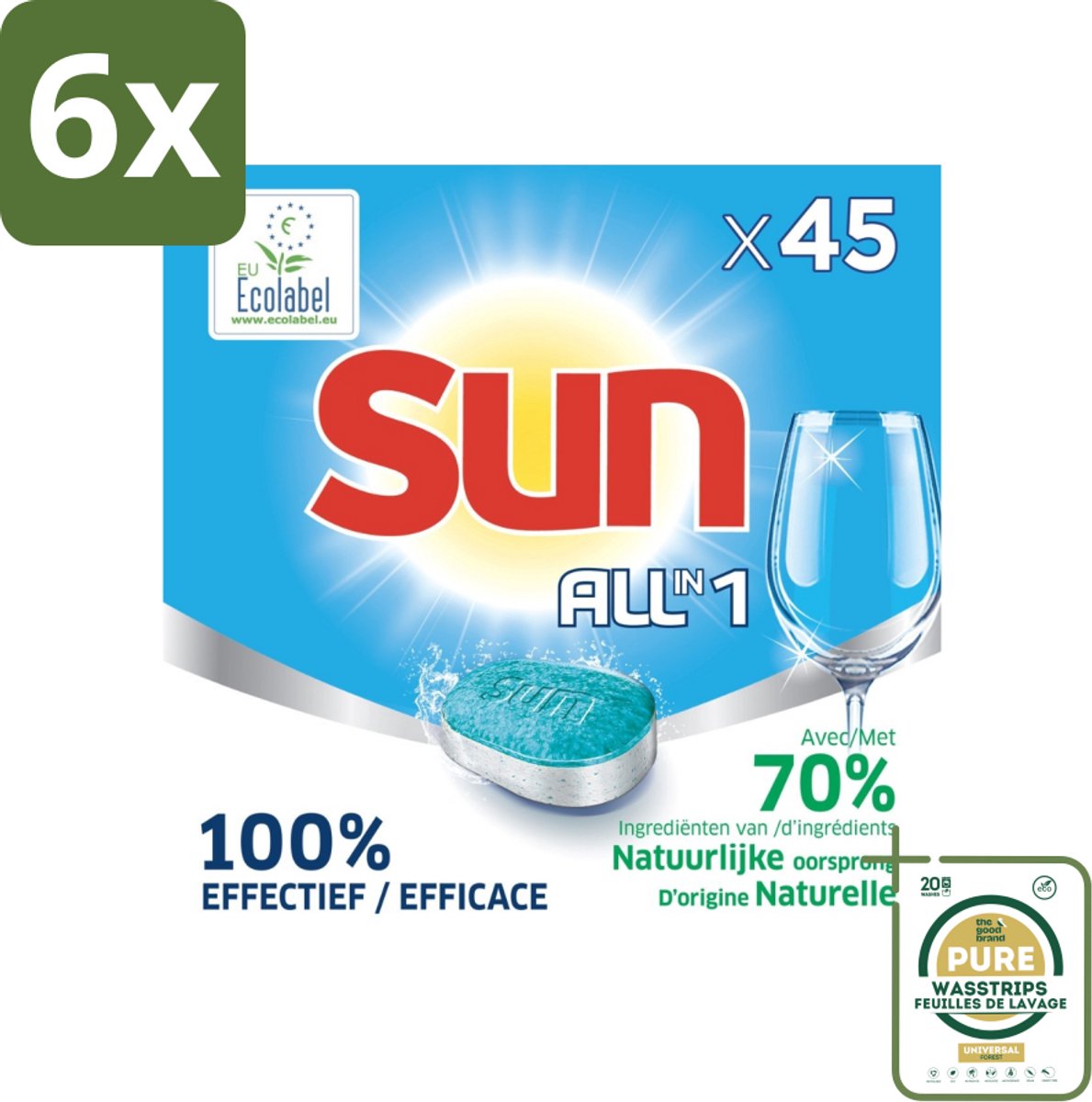 Sun All-in One - Ecolabel - Vaatwastabletten - 45 Tabletten - Voordeelverpakking - 6 stuks - Ecologische vaatwas - Milieuvriendelijk (8036496180881)