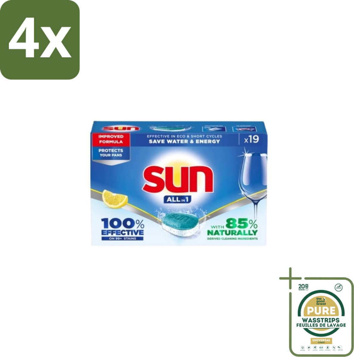 Sun - Vaatwastabletten - All-in-1 Citroen - 19 tabletten - Voordeelverpakking - 4 stuks - Reinigingstabletten - Vaatwasmiddel (8155361683989)