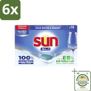 Sun - Vaatwastabletten - All-in-1 Neutraal - 19 tabletten - Voordeelverpakking - 6 stuks - Vaatwasmiddel neutraal - Vaatwasmiddel voor eco (8103939677649)