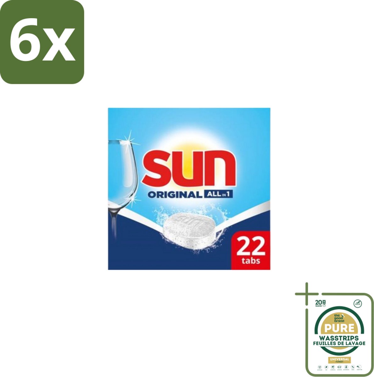 Sun - Vaatwastabletten - All-in-1 Original - 22 tabletten - Voordeelverpakking - 6 stuks - Reinigen - Glans (8155361695890)