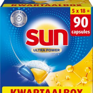 Sun - Vaatwastabletten - Ultra Power - All in 1 - 90 Capsules - Voordeelverpakking (8720181943799)