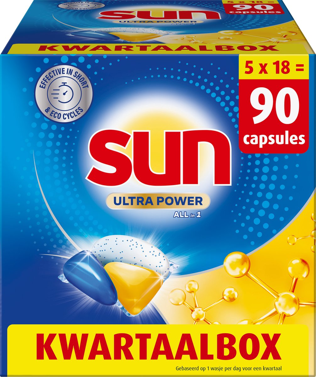Sun - Vaatwastabletten - Ultra Power - All in 1 - 90 Capsules - Voordeelverpakking (8720181943799)