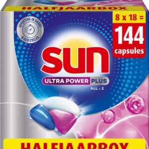Sun - Vaatwastabletten - Ultra Power Plus - All-in 1 - 144 Capsules - Voordeelverpakking (8721497008387)