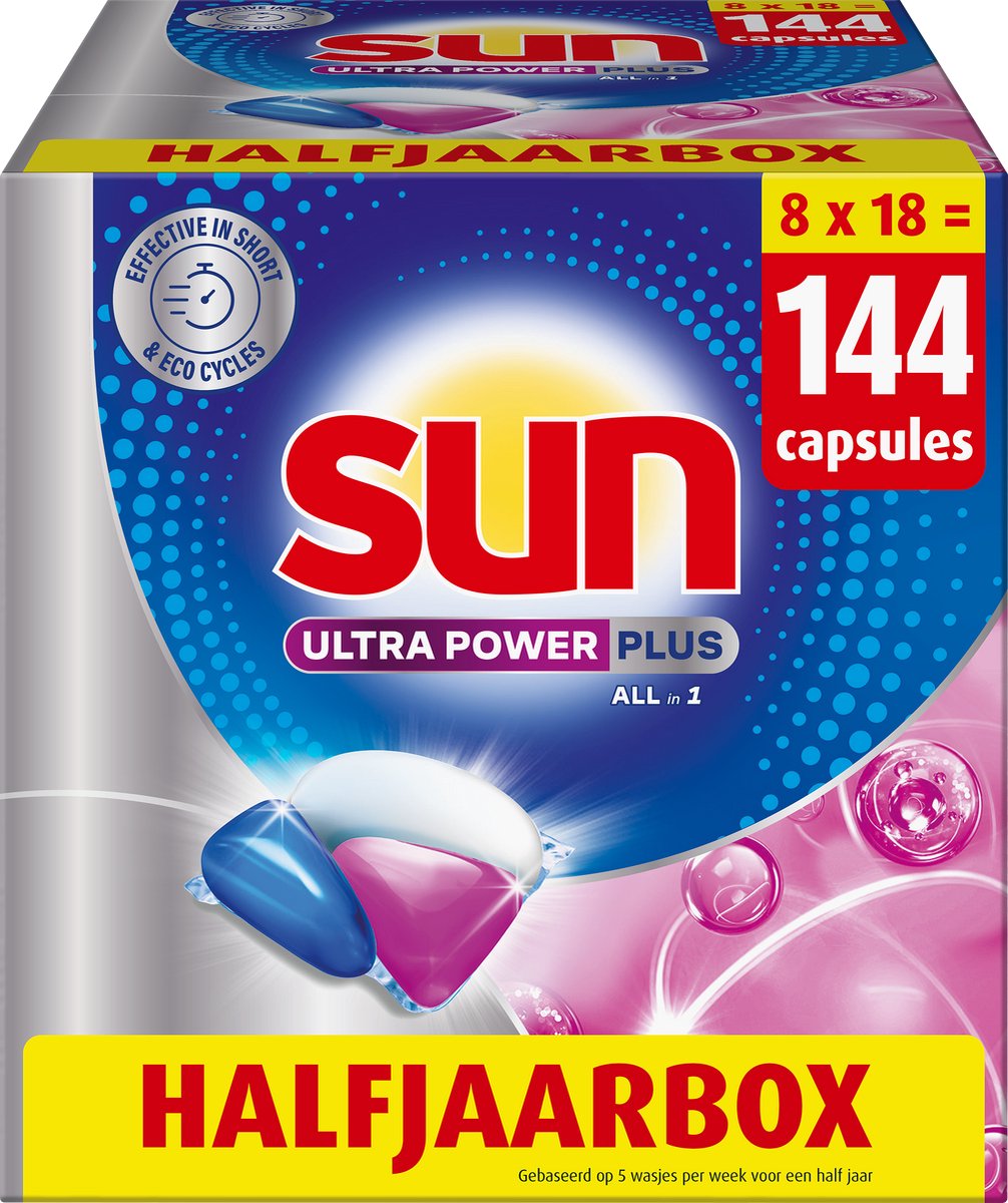 Sun - Vaatwastabletten - Ultra Power Plus - All-in 1 - 144 Capsules - Voordeelverpakking (8721497008387)