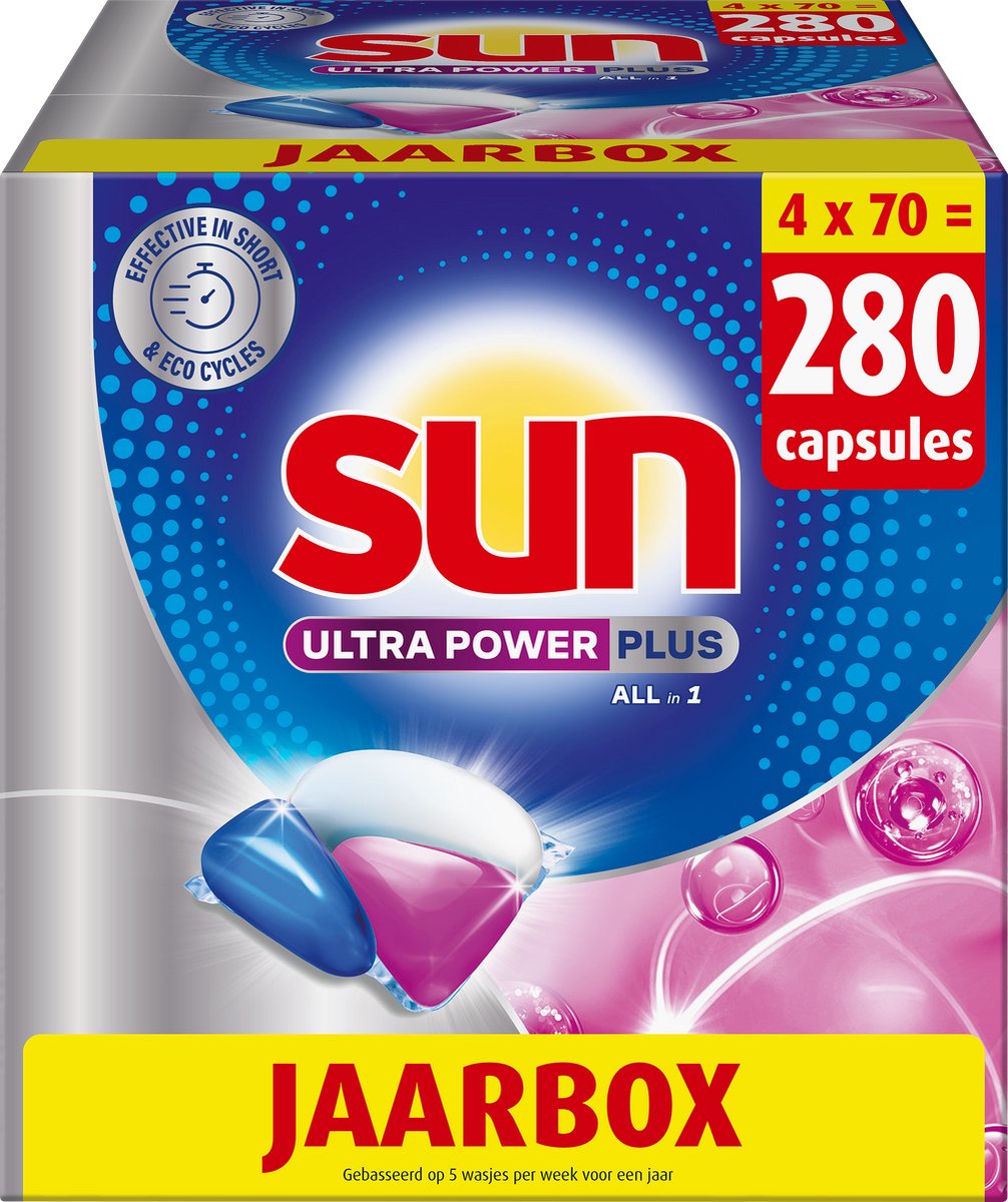 Sun - Vaatwastabletten - Ultra Power Plus - All-in 1 - 280 Capsules - Voordeelverpakking (8721497017990)