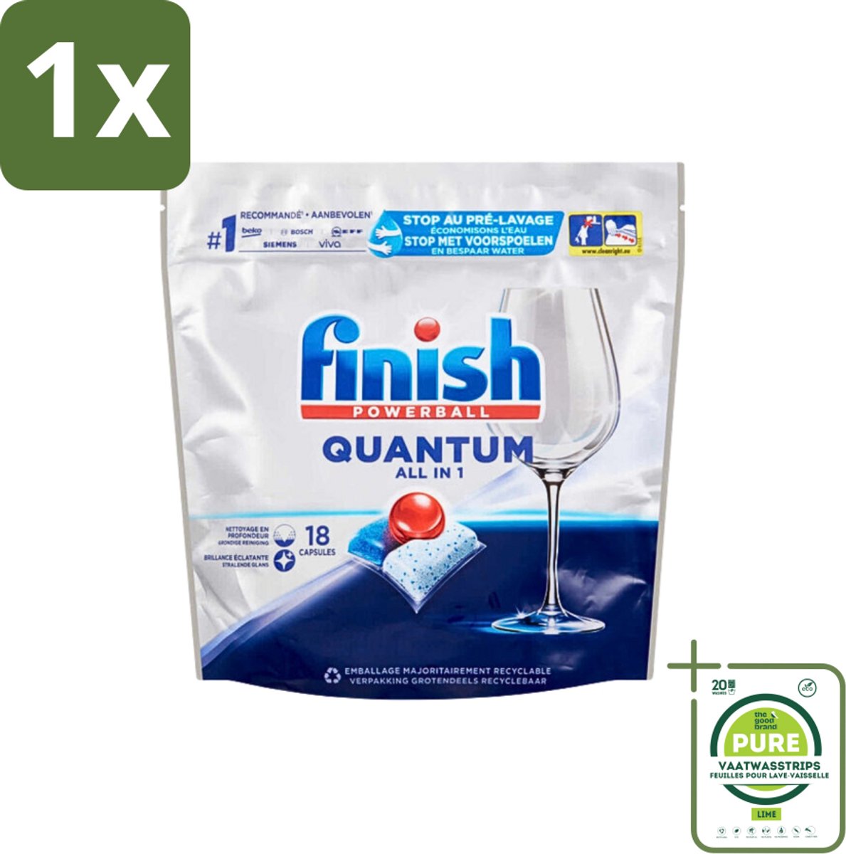 1 x Finish Powerball - Quantum All in 1 - Vaatwastabletten - Stralende Glans - 18 Tabletten - Vaatwastabletten - Vaatwasser - Diepe Reiniging - Glans - All In One (8017551500042)