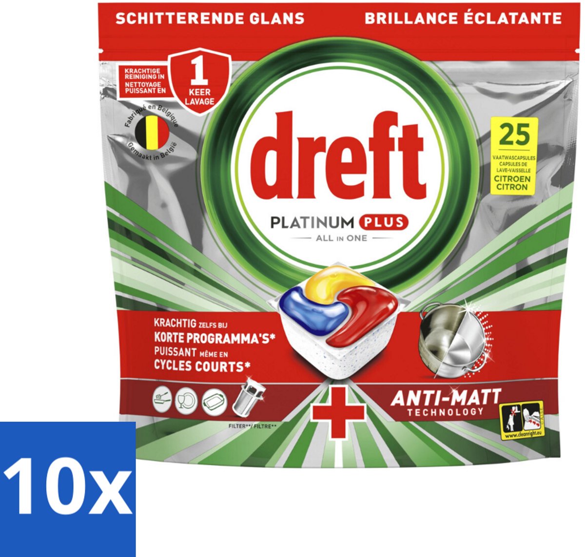 10 x Dreft - Vaatwastabletten - Platinum Plus All-in-One Citroen - Frisse geur - 25 Tabletten - Vaatwasmiddel - Anti-dofheid - Glans Herstellen - Vaatwasmachine - Vaatwastablet (8721418503168)