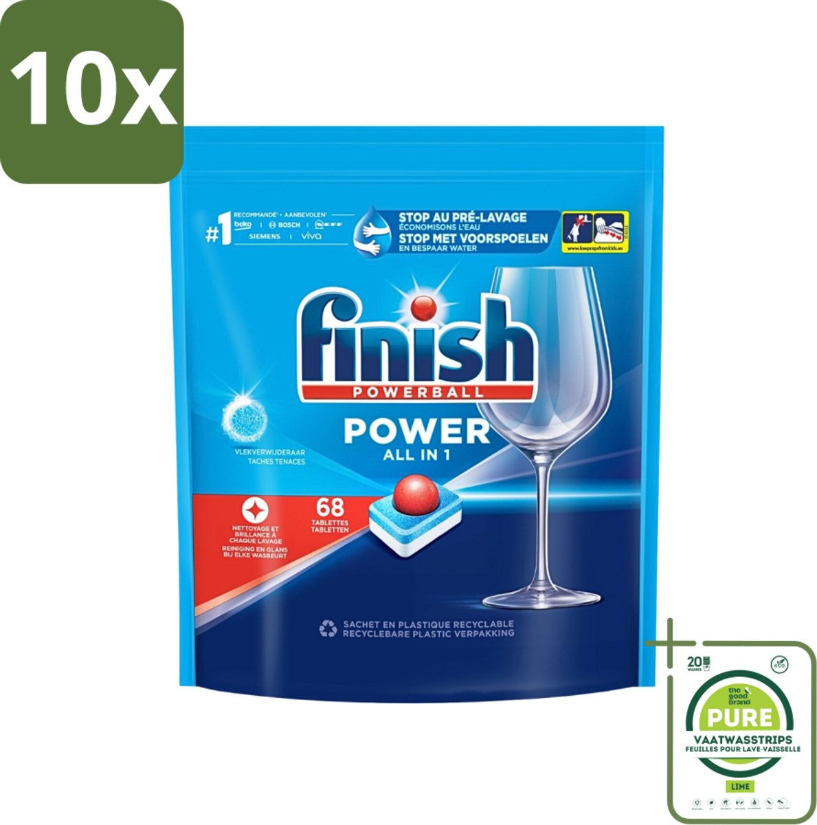 10 x Finish Powerball - Power All in 1 - Vaatwastabletten - Reiniging & Glans - 68 Tabletten - Grootverpakking - Vaatwastabletten - Vaatwassertabletten - Diepe Reiniging - Vlekken Verwijderen - Glanzend Resultaat (8017551698879)