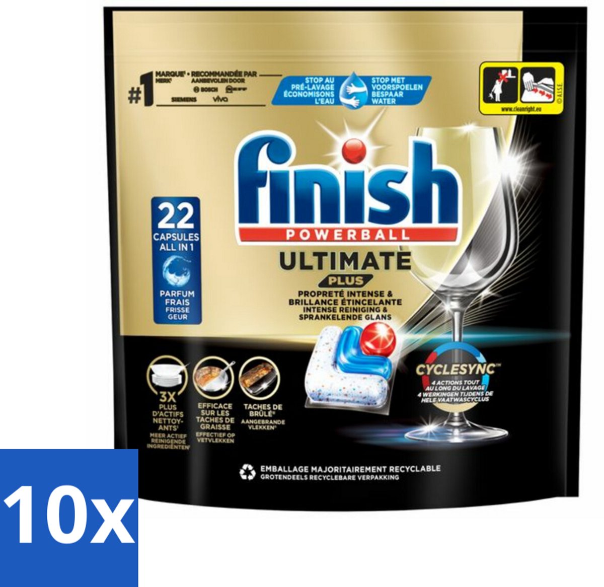 10 x Finish - Vaatwasmiddel - Ultimate Plus Vaatwastabletten Regular - Krachtige Alles-in-1 Reiniging - 22 capsules - Vaatwasmiddel - Vaatwastablet - Vaatwasmachine - Reinigingsmiddel - Glans (8721418510036)