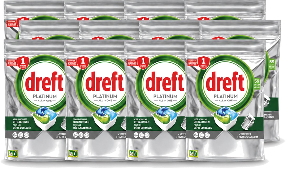 12 x Dreft - Vaatwastabletten - Platinum All-in-One Original - 59 Tabletten - Voordeelverpakking - 12 stuks (8721643094424)