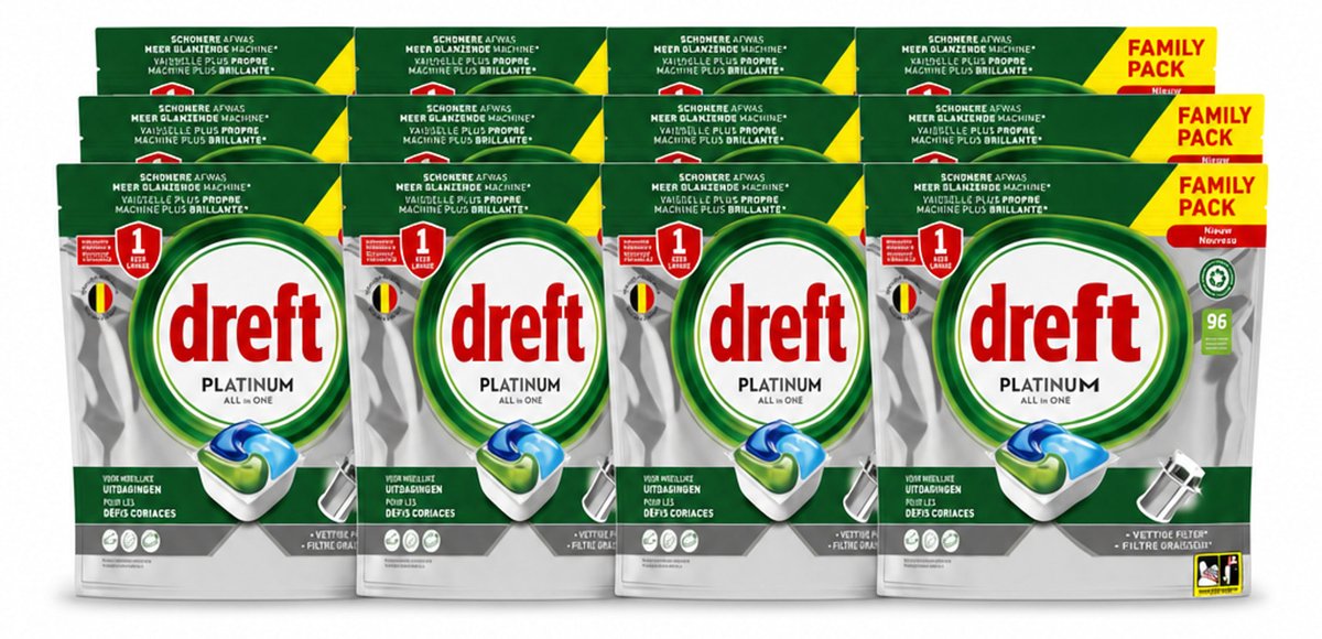 12 x Dreft - Vaatwastabletten - Platinum All-in-One Origineel - Grootverpakking - 96 Tabletten - Voordeelverpakking - 12 stuks (8721643152438)
