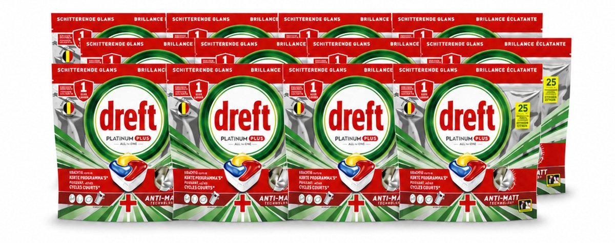 12 x Dreft - Vaatwastabletten - Platinum Plus All-in-One Citroen - Frisse geur - 25 Tabletten - Voordeelverpakking - 12 stuks (8721643152469)