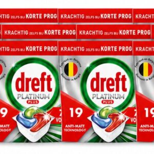 12 x Dreft - Vaatwastabletten - Platinum Plus All-in-One - Krachtige reiniging - 19 Tabletten - Voordeelverpakking - 12 stuks (8721643152445)