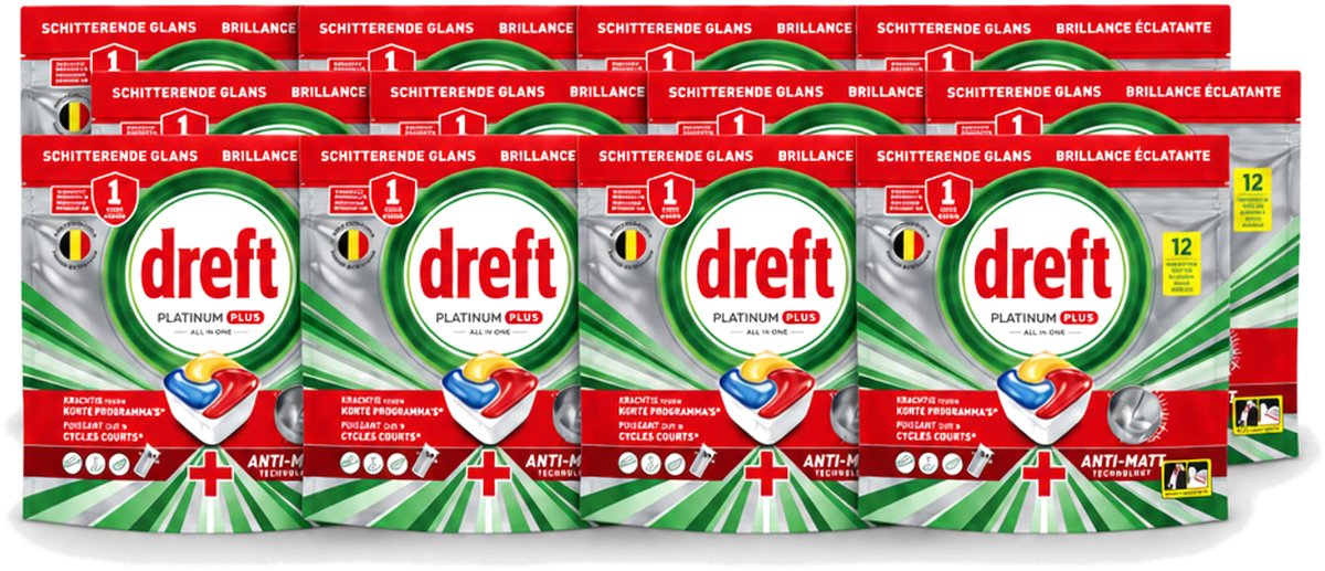 12 x Dreft - Vaatwastabletten - Platinum Plus All-in-One - Lemon - 12 Tabletten - Voordeelverpakking - 12 stuks (8721643094431)