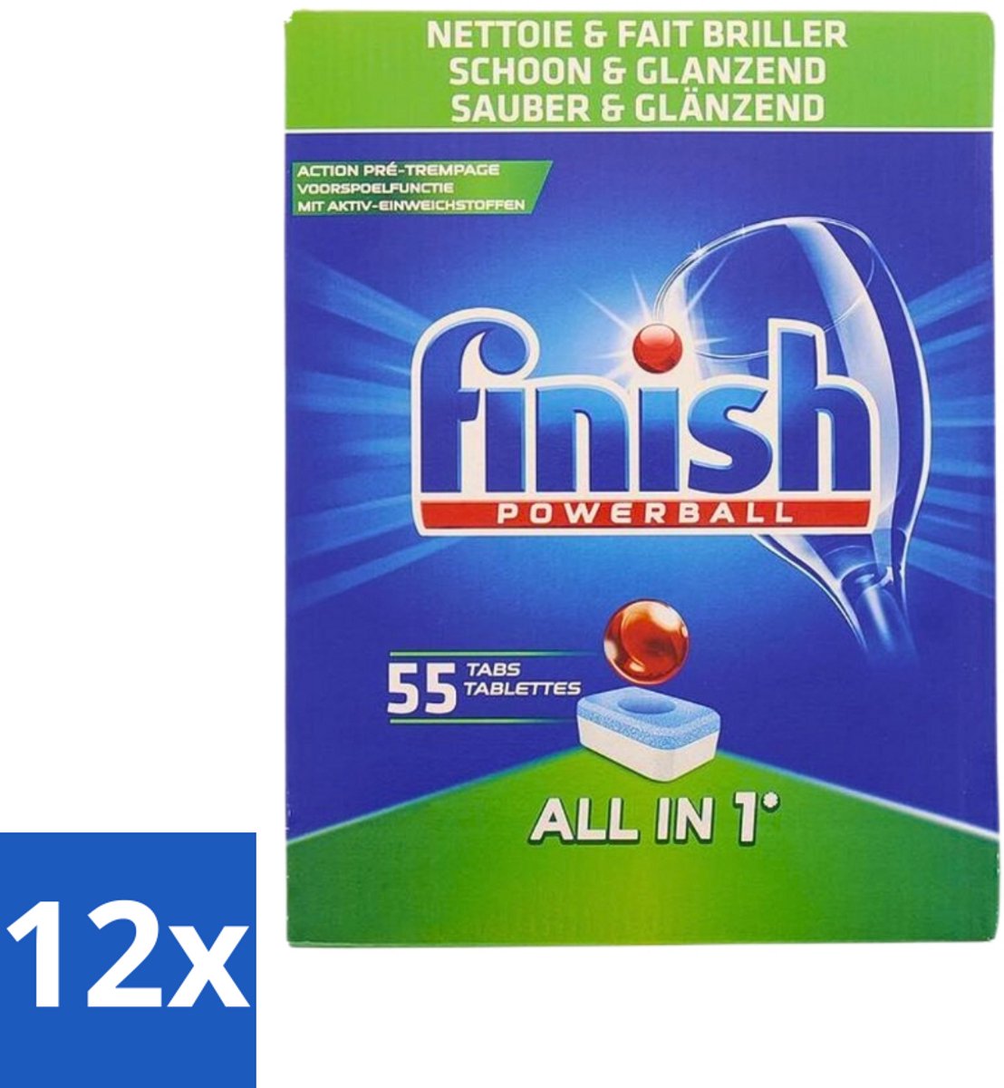 12 x Finish Powerball - All in 1 - Vaatwastabletten - Schoon & Glans - 55 Tabletten - Vaatwastabletten - Vaatwasser - Schoonmaak - Glans - Diepe Reiniging (8721418053090)