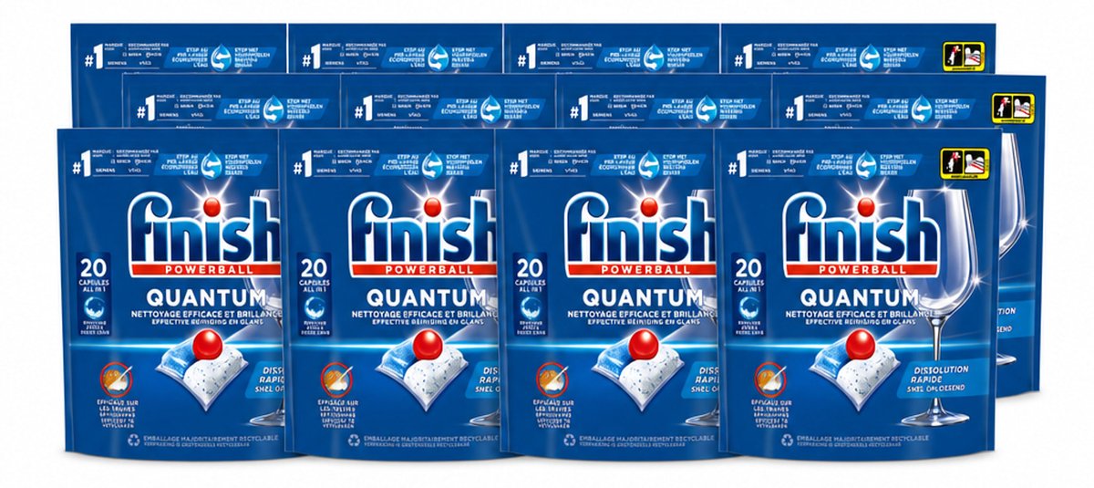 12 x Finish - Vaatwasmiddel - Quantum Vaatwastabletten Regular - Diepe Reiniging - 20 capsules - Voordeelverpakking - 12 stuks (8721643154029)