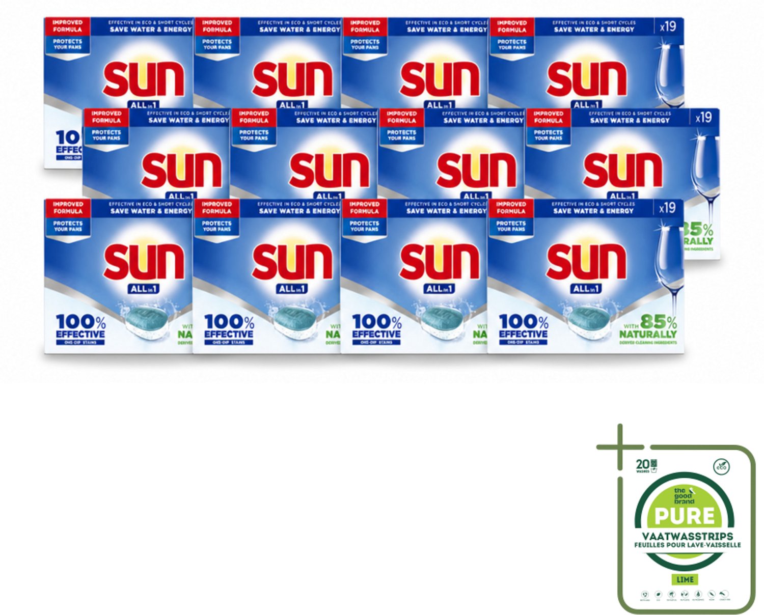 12 x Sun - Vaatwastabletten - All-in-1 Neutraal - 19 tabletten - Grootverpakking - Vaatwasmiddel - Vaatwastablet - Vaatwasmiddel Neutraal - Vaatwasmiddel Eco - Vaatwasmiddel Natuurlijk (8721643203550)