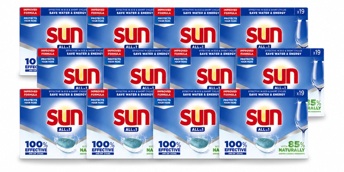 12 x Sun - Vaatwastabletten - All-in-1 Neutraal - 19 tabletten - Voordeelverpakking - 12 stuks (8721643161102)