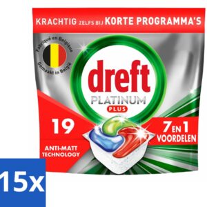 15 x Dreft - Vaatwastabletten - Platinum Plus All-in-One - Krachtige reiniging - 19 Tabletten - Vaatwasmiddel - Vaatwastabletten - Glans Herstellen - Vaat Reinigen - Vaatwasser (8721418525139)