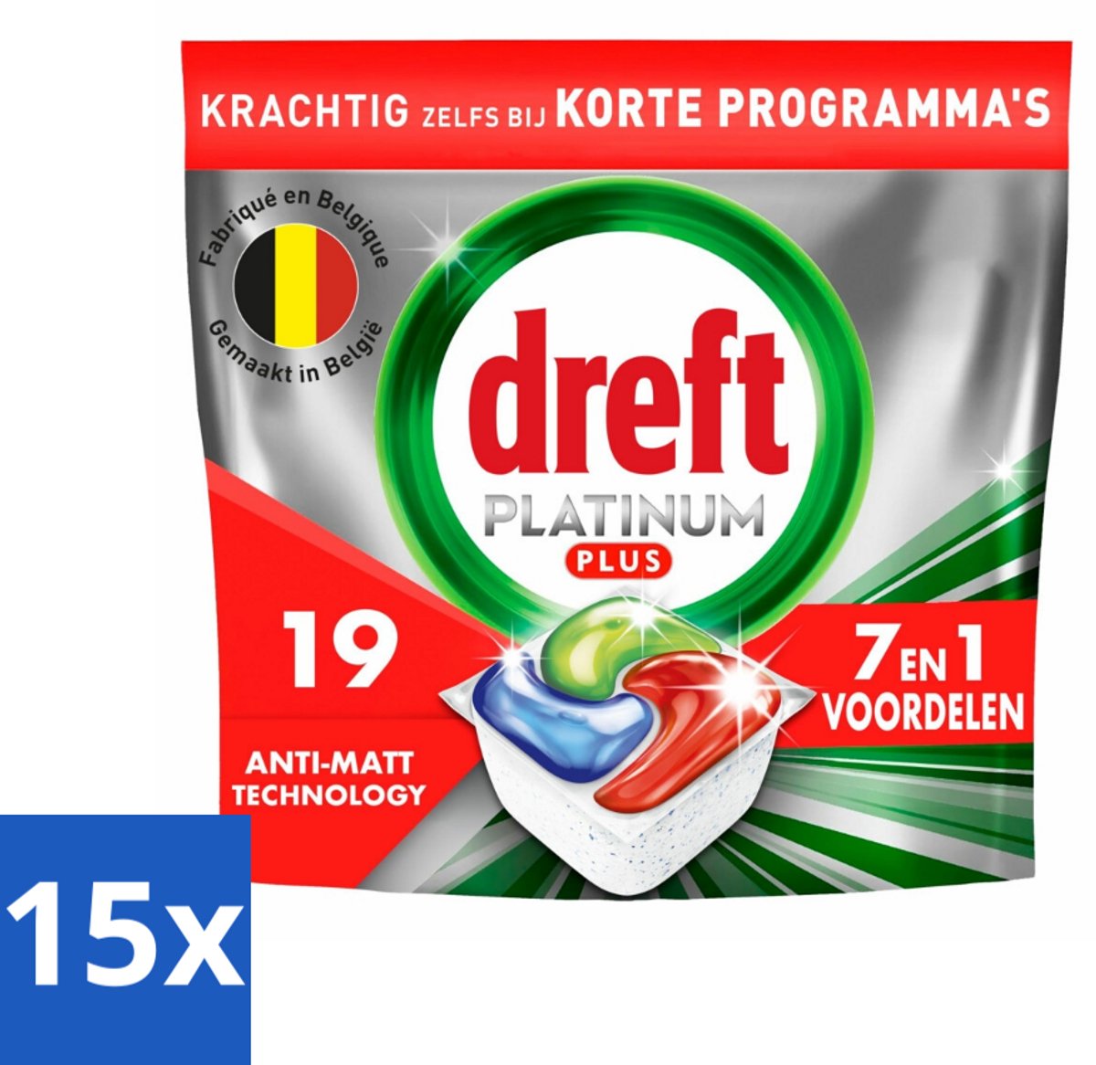 15 x Dreft - Vaatwastabletten - Platinum Plus All-in-One - Krachtige reiniging - 19 Tabletten - Vaatwasmiddel - Vaatwastabletten - Glans Herstellen - Vaat Reinigen - Vaatwasser (8721418525139)