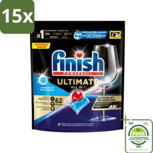 15 x Finish Powerball - Ultimate All in One - Vaatwastabletten - Met Bicarbonaat - 62 Capsules - Grootverpakking - Vaatwascapsules - Vaatwasser - Vaatwasmiddel - Glans - Reiniging (8017551719512)