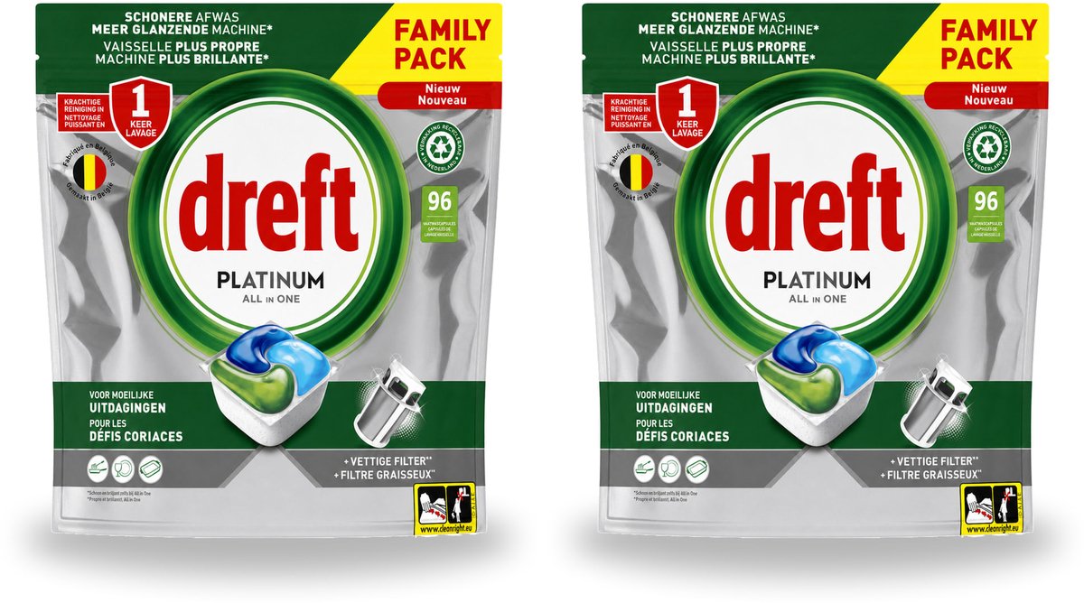 2 x Dreft - Vaatwastabletten - Platinum All-in-One Origineel - Grootverpakking - 96 Tabletten - Bulkverpakking - 2 stuks (8721643153480)