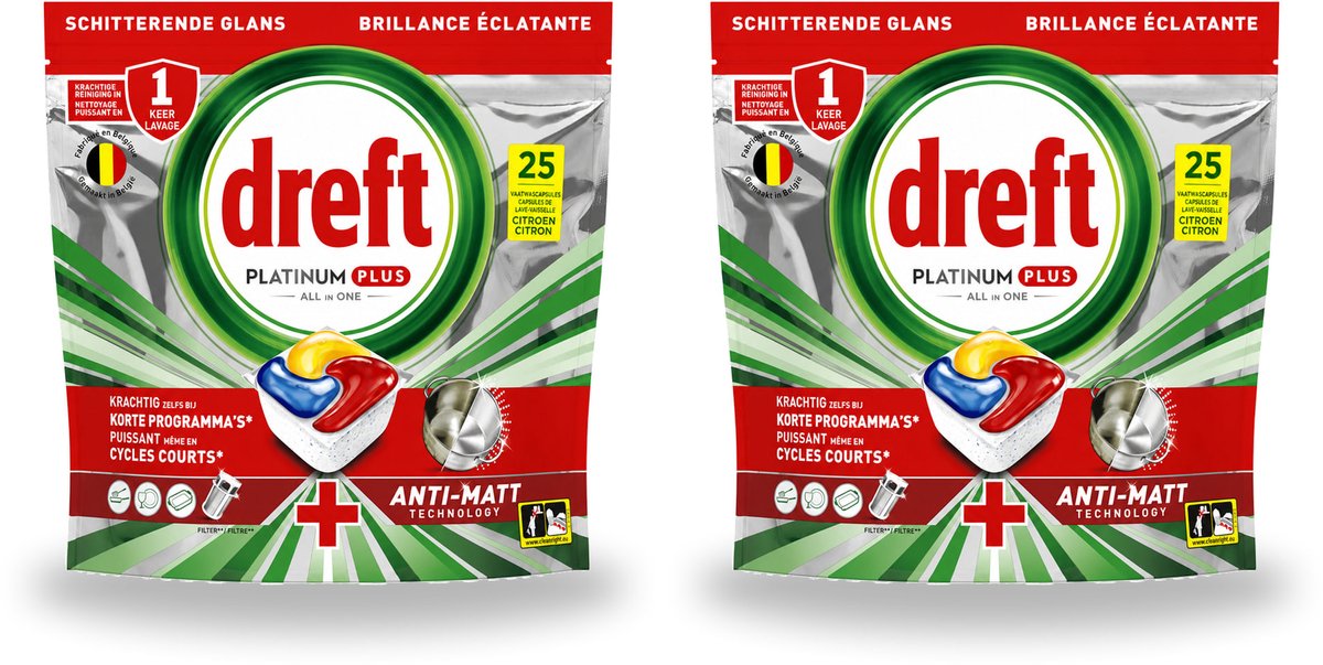 2 x Dreft - Vaatwastabletten - Platinum Plus All-in-One Citroen - Frisse geur - 25 Tabletten - Bulkverpakking - 2 stuks (8721643153510)