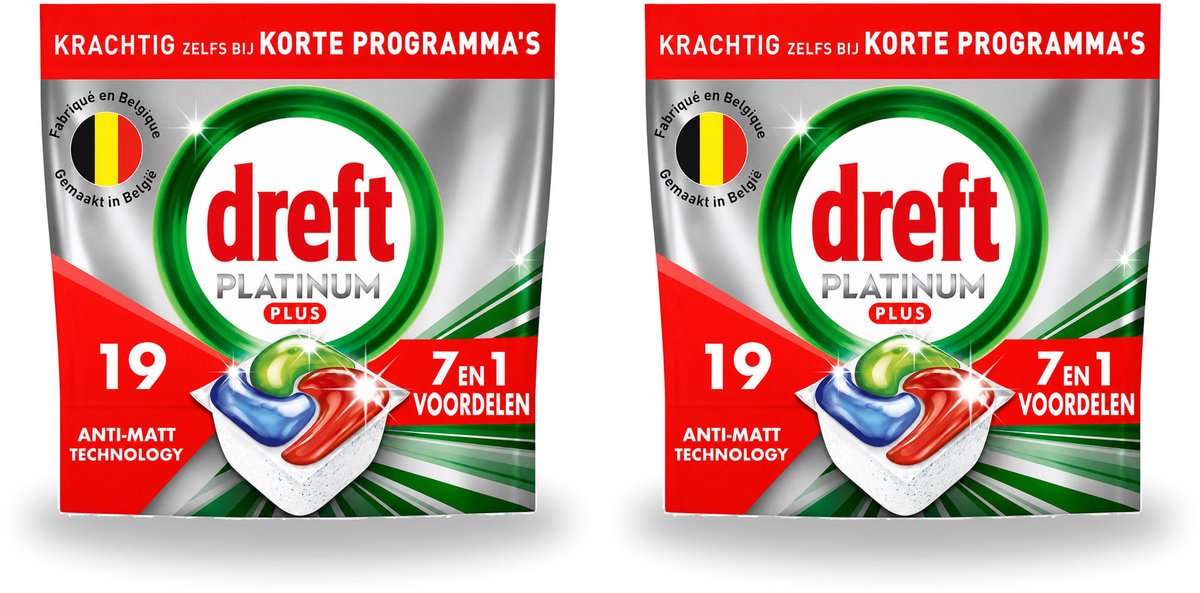 2 x Dreft - Vaatwastabletten - Platinum Plus All-in-One - Krachtige reiniging - 19 Tabletten - Bulkverpakking - 2 stuks (8721643153497)