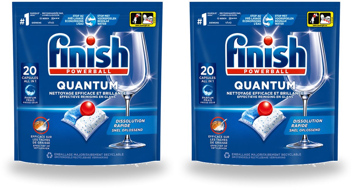 2 x Finish - Vaatwasmiddel - Quantum Vaatwastabletten Regular - Diepe Reiniging - 20 capsules - Bulkverpakking - 2 stuks (8721643167562)