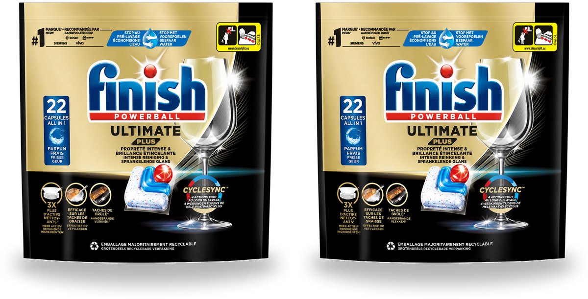 2 x Finish - Vaatwasmiddel - Ultimate Plus Vaatwastabletten Regular - Krachtige Alles-in-1 Reiniging - 22 capsules - Bulkverpakking - 2 stuks (8721643167579)