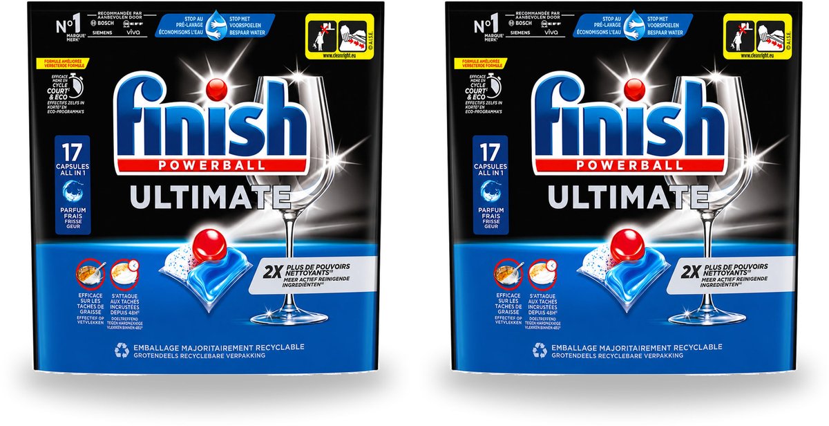 2 x Finish - Vaatwasmiddel - Ultimate Vaatwastabletten Regular - Krachtige Reiniging - 17 capsules - Bulkverpakking - 2 stuks (8721643167586)