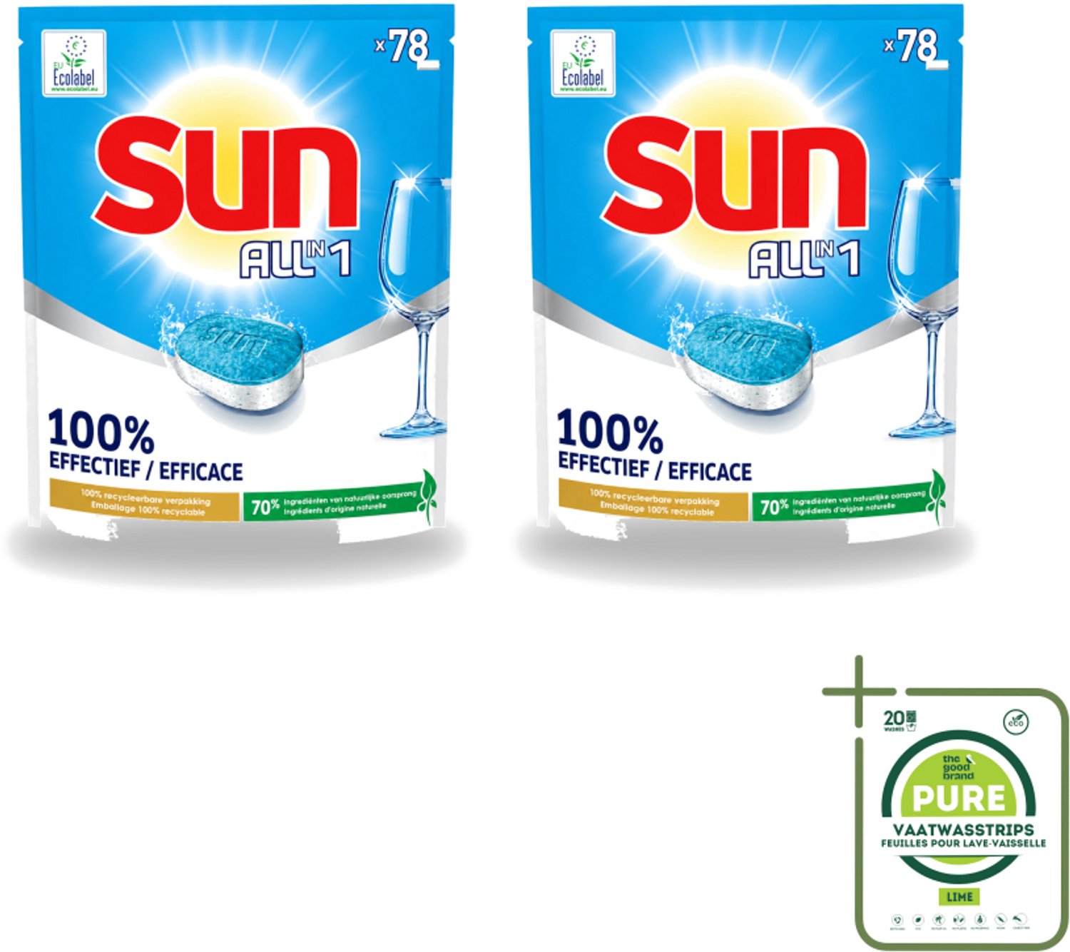 2 x Sun All-in-1 - Eco Label - Vaatwastabletten - 78 Tabletten - Grootverpakking - Vaatwastabletten - Milieuvriendelijke Vaatwas - Eco Label - Vaatwasser Tabletten - Vet Verwijderen (8721643717262)