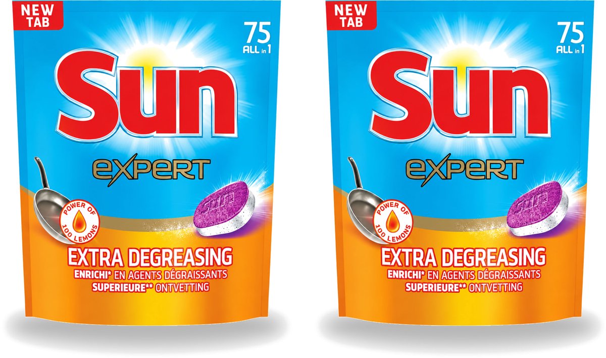 2 x Sun Expert - All-in-1 - Vaatwastabletten - Extra Ontvettend - 75 Tabletten - Voordeelverpakking - 2 stuks (8721643710010)