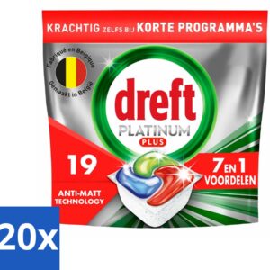 20 x Dreft - Vaatwastabletten - Platinum Plus All-in-One - Krachtige reiniging - 19 Tabletten - Vaatwasmiddel - Vaatwastabletten - Glans Herstellen - Vaat Reinigen - Vaatwasser (8721418547278)
