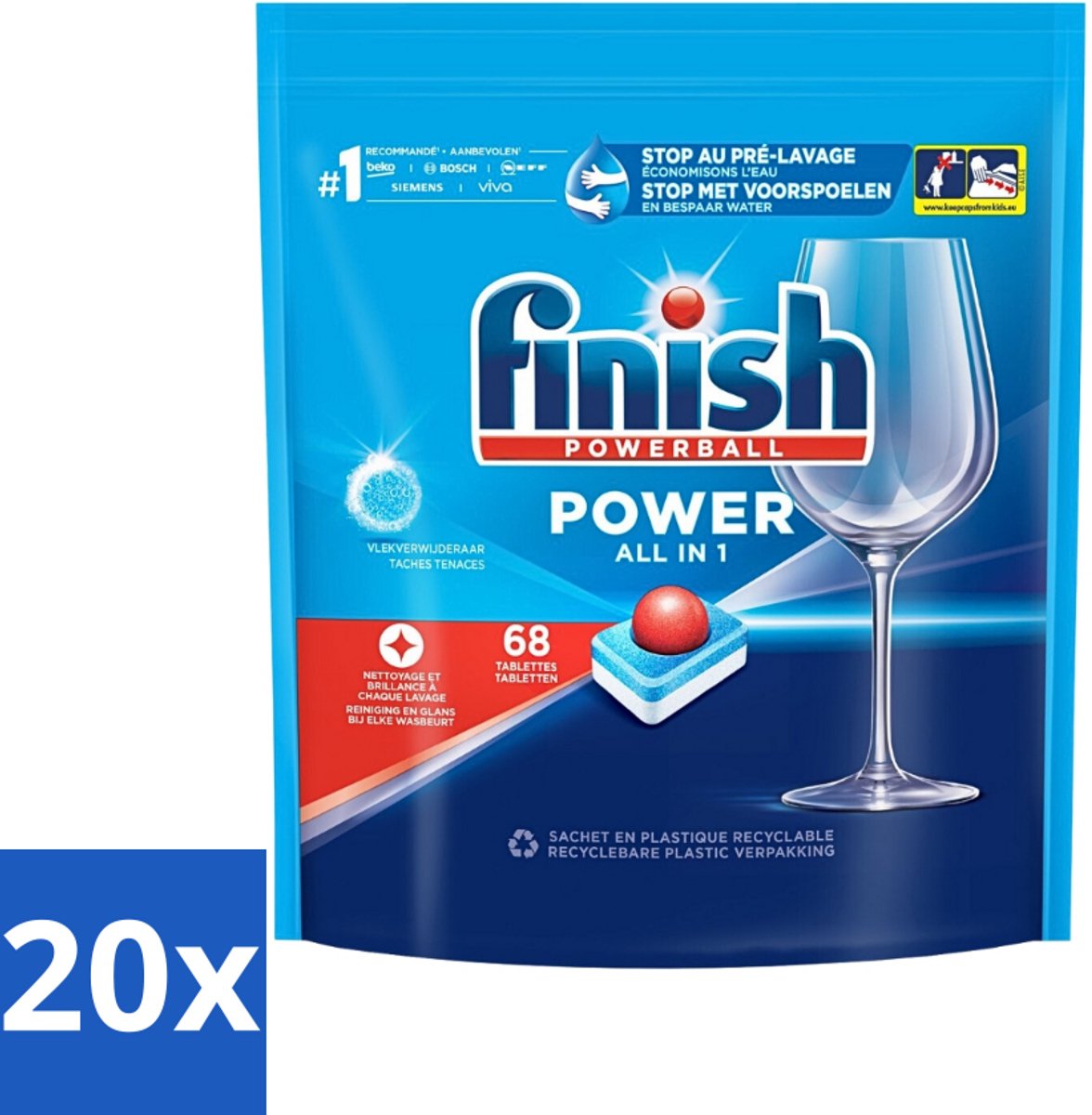 20 x Finish Powerball - Power All in 1 - Vaatwastabletten - Reiniging & Glans - 68 Tabletten - Vaatwastabletten - Vaat Reinigen - Vlekverwijderaar - Vaatwasmiddel - Krachtige Vaatwasmiddel (8721418111516)